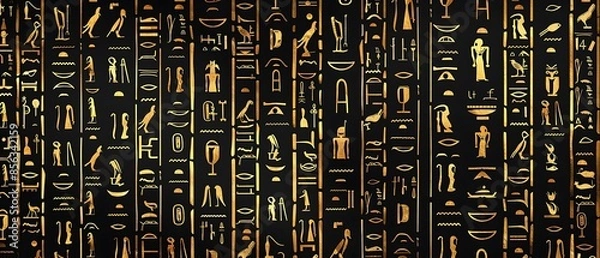 Fototapeta Ancient golden egyptian hieroglyphs alphabet pattern over black background. Ancient Egyptian and ancient culture concept - Generative AI