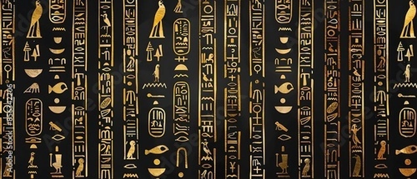Fototapeta Ancient golden egyptian hieroglyphs alphabet pattern over black background. Ancient Egyptian and ancient culture concept - Generative AI