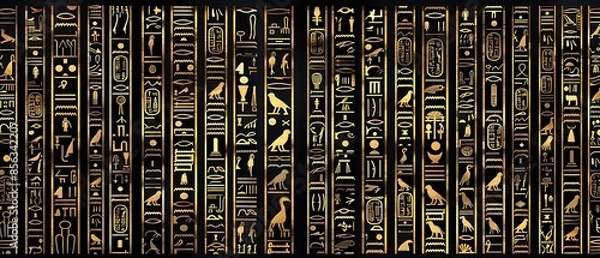Fototapeta Ancient golden egyptian hieroglyphs alphabet pattern over black background. Ancient Egyptian and ancient culture concept - Generative AI