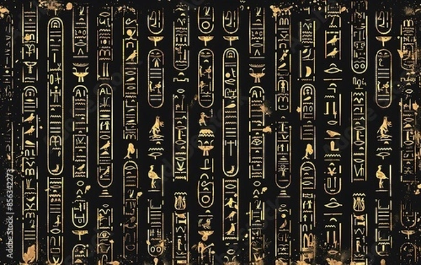 Fototapeta Ancient golden egyptian hieroglyphs alphabet pattern over black background. Ancient Egyptian and ancient culture concept - Generative AI