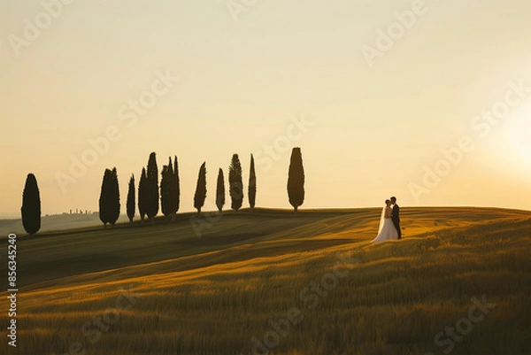 Obraz newlyweds at sunset on the Crete Senesi near a group of cypresses