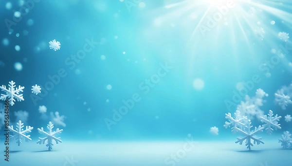 Obraz winterlich blau weißer Hintergrund mit Sonnenstrahlen Schneeflocken Bokeh und Glitzern über freier Fläche mit Schnee und Eis für Werbung Produkte selbst gestalten weihnachtlich Weihnachten