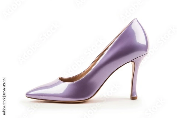 Obraz Single lavender high heel shoe with a glossy finish showcased against a stark white background, highlighting its sleek design and elegance