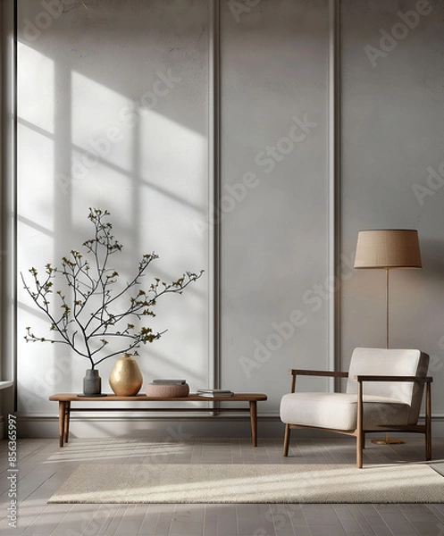 Fototapeta Modern nordic minimalist interior design. Aesthetic scandinavian elegant living room design. Copy space mock up. Clean walls for decoration in the apartment. Neutral palette of natural colors.