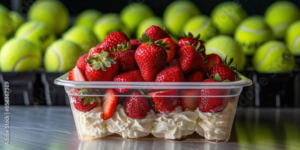 Fototapeta Medium shot of strawberries and cream in an eco container in a person's hand