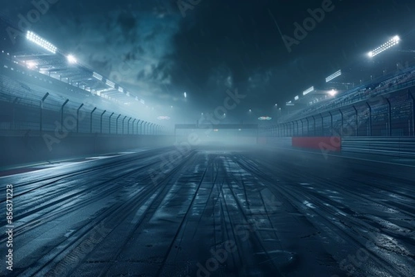 Fototapeta Race Track Night, Empty Wet Surface, Illuminated Foggy Grandstands, Lights Mist Dark, Asphalt Racing Environment