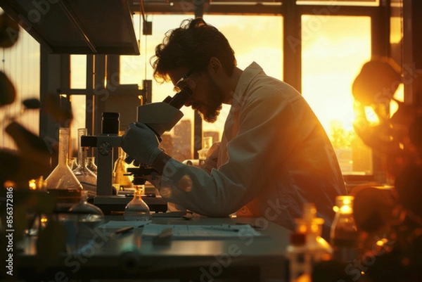 Fototapeta Scientist in a white coat or doctor using a microscope in the laboratory at sunset outside the window
