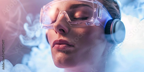 Fototapeta A Moment of Tranquility: A Woman in Goggles and Headphones Immersed in a Cryogenic Chamber, Bathed in Ethereal Light