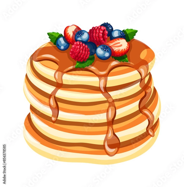 Obraz Pancakes covered with chocolate, berries, mint leaves isolated on a white background. Vector illustration of delicious pancakes with raspberries, blueberries,  strawberries in cartoon style.