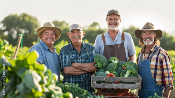 Obraz Group of farmers different generations, showcasing their farming dedication standing in afield showing various fresh produce