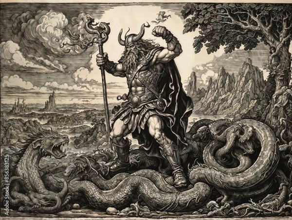 Obraz Engraving, Thor fighting the world serpent.