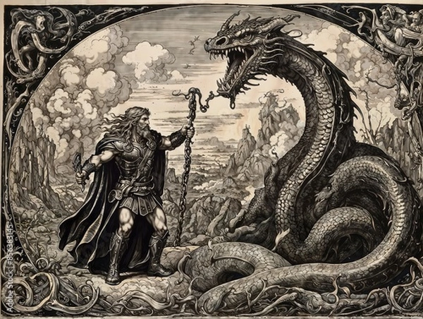 Obraz Engraving, Thor fighting the world serpent.