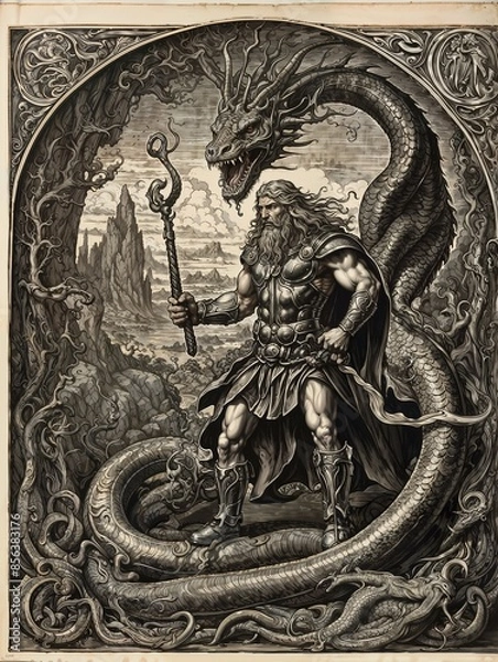 Obraz Engraving, Thor fighting the world serpent.