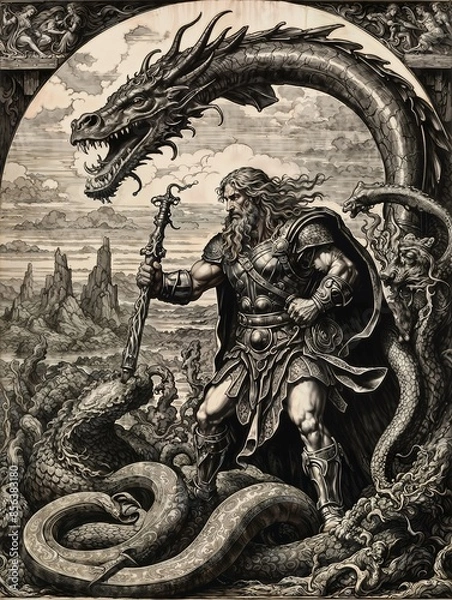 Obraz Engraving, Thor fighting the world serpent.