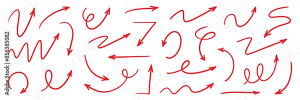 Fototapeta Arrow vector red hand drawn sketch icon set. Doodle sketch drawn red direction element set. Pencil doodle line graphic design elements. Handwritten direction arrow background. Vector illustration.