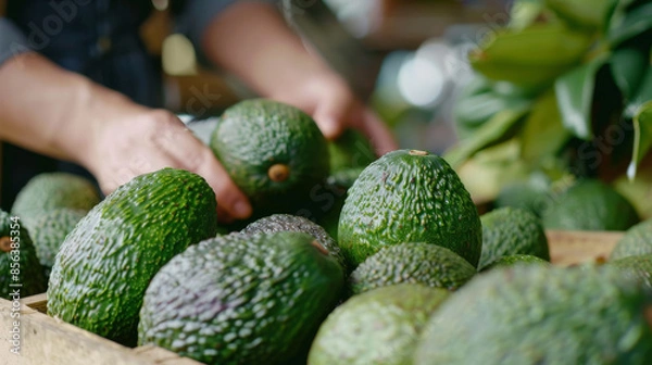 Obraz Close-up shots of avocados being carefully placed into  crates