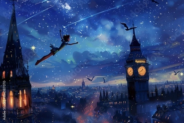 Fototapeta An illustration of Peter Pan flying over the rooftops of London, with Big Ben in the background and a starry night sky