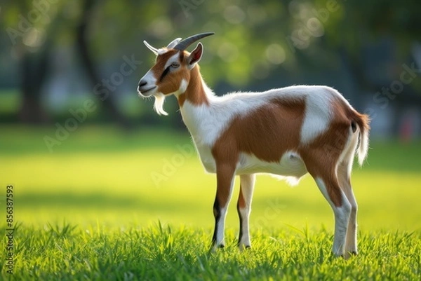 Fototapeta View from side body of a Anglo-Nubian goat standing on grass, Awe-inspiring, Full body shot ::2 Side Angle View