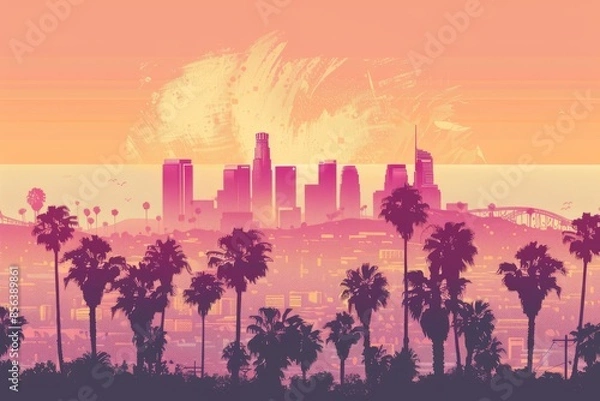 Fototapeta Foreground Palm trees and Los Angeles skyline