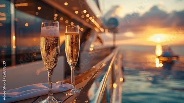 Fototapeta Two champagne glasses at sunset on a luxurious yacht, perfect for celebrating a special occasion at sea with a stunning ocean view.