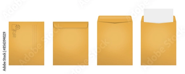 Fototapeta Realistic kraft paper envelope set vector. Isolated brown mail envelope on white background. Post mail mockup design illustration.