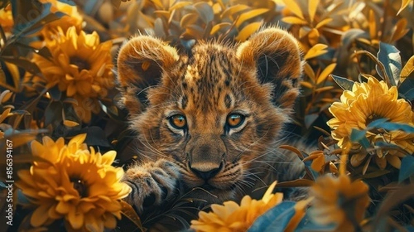 Obraz Bring to life a whimsical scene of a cub as the main focus, blending realistic textures with a surrealistic twist in a colorful, eye-catching composition