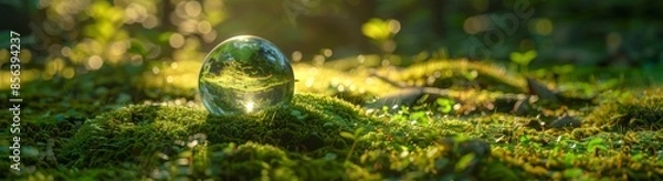 Fototapeta The concept of green moss in nature is depicted by a glass globe