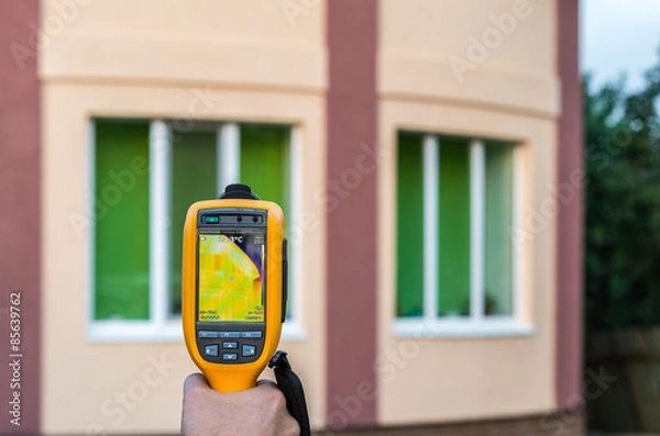 Obraz Man inspects house with thermal imaging camera