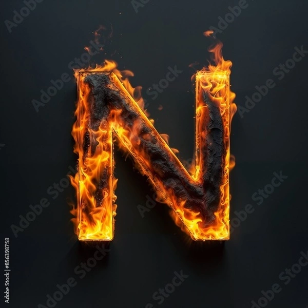 Obraz Fire letter N on black background, flames