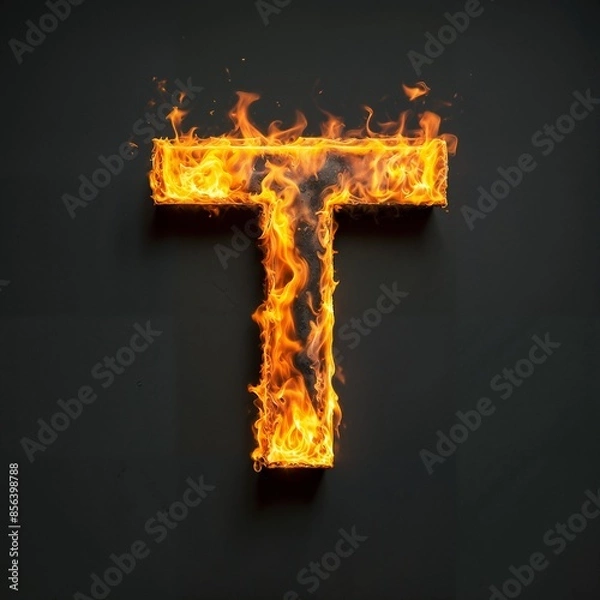 Obraz Fire letter T on black background, flames