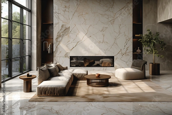 Fototapeta Luxurious New York City penthouse with marble textures and elegant furnishings, featuring soft ambient lighting, showcasing minimalist design and thoughtful simplicity for a tranquil living experience