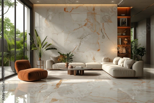 Fototapeta Luxurious New York City penthouse with marble textures and elegant furnishings, featuring soft ambient lighting, showcasing minimalist design and thoughtful simplicity for a tranquil living experience