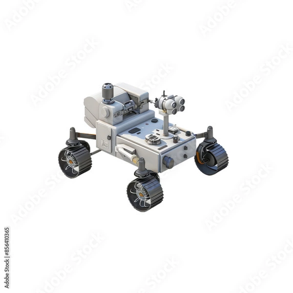 Fototapeta A detailed image of a modern Mars rover model showcasing its intricate design and wheels for exploring the Martian surface.