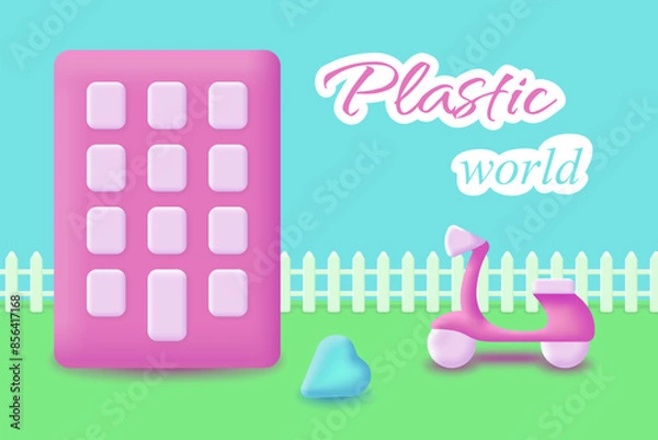 Obraz 3D street with high-rising building, scooter, heart. Dollhouse scene, plastic world. Blue sky, green grass, white fence, pink toys. Girly childish vector design