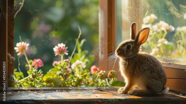 Fototapeta Gentle Morning Light: A Rabbit by a Flowered Window in Serene Garden
