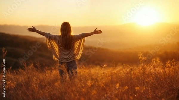 Fototapeta Woman with outstretched arms in a field at sunset