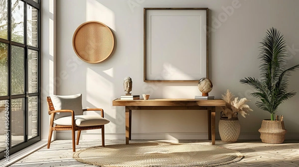 Fototapeta An empty wooden frame mockup in modern minimal living room or workstation, boho style