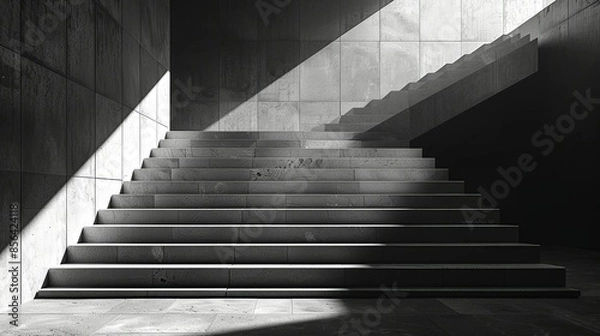 Obraz A brutalist staircase with sharp, angular lines and deep shadows, rendered in black and white to highlight the architectural details. Illustration, Minimalism,
