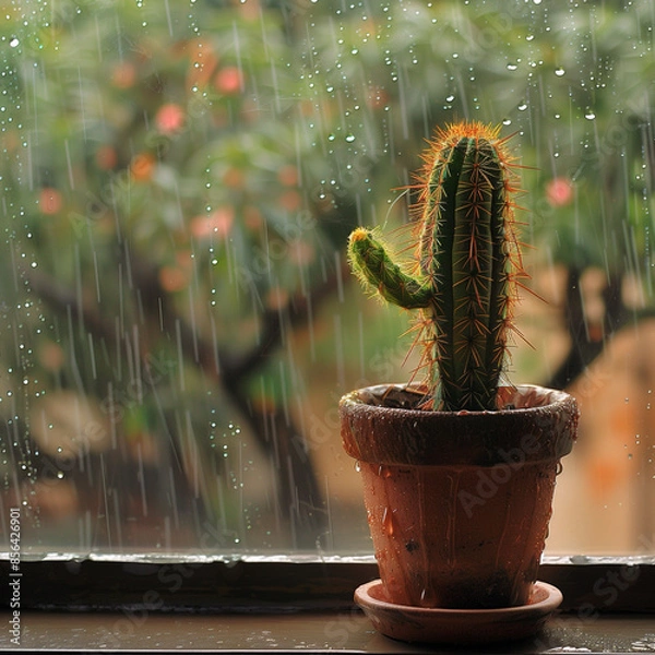 Fototapeta Cactus in a pot against the window