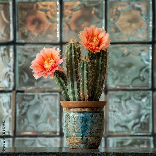 Fototapeta Cactus in a pot against the window