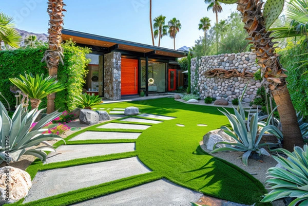 Fototapeta Artificial grass, synthetic grass, perfect grass landscaping with artificial grass, modern home front yard with artificial grass lawn