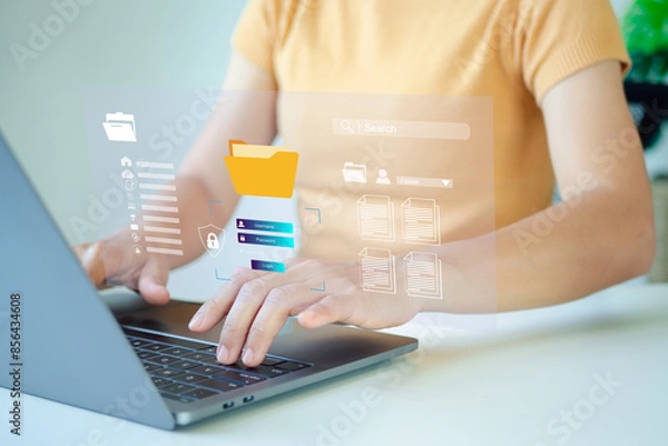 Fototapeta Document management concept. Electronic documents, Document management system and process automation. Search and managing files online document database.	
