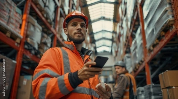 Fototapeta A warehouse worker wearing a hard hat and safety vest uses a smartphone to check inventory in a large, modern warehouse.