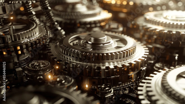 Fototapeta Detailed view of interlocking metal gears with intricate designs and industrial machinery in a mechanical setting.