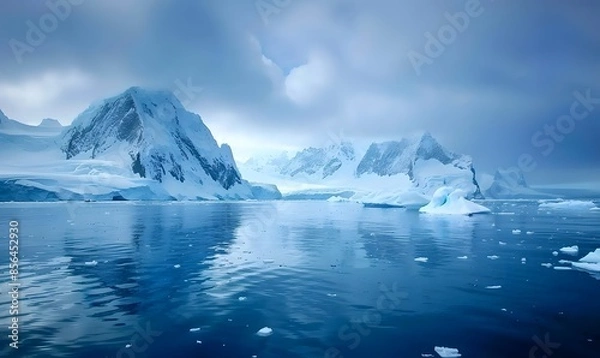 Fototapeta Blue Ice covered mountains with cold water,  Generative AI,