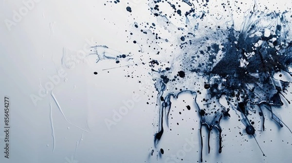 Fototapeta Cool-toned abstract splatters and drips on a stark white background, ideal for minimalist decor.