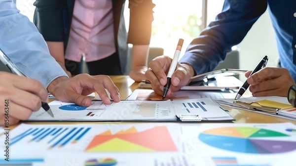 Fototapeta Successful persistent business team discussing marketing strategies and budgeting for revenue growth : Generative AI