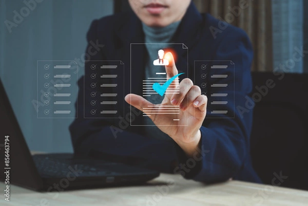 Fototapeta Checking cv resume, Recruitment process to work efficiently and achieve sustainable business success. HR, Human resource management concept, recruitment, leadership and team building.
