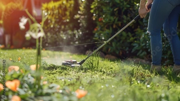 Fototapeta woman gardener using string lawn trimmer : Generative AI
