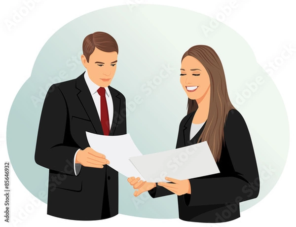 Fototapeta Business colleagues reading documents and discussing in office